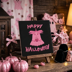 Azulejo De Cerâmica Coquete Rosa Fantasma Feliz Halloween Arte Digital