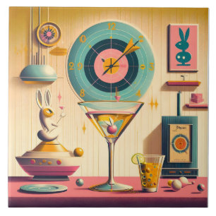 Azulejo De Cerâmica Coquetel de Coelho Futurista Retro Atômico de Mead