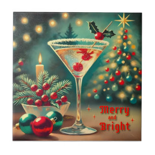 Azulejo De Cerâmica Coquetel de Natal com Feliz retrorada Martini