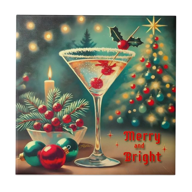 Azulejo De Cerâmica Coquetel de Natal com Feliz retrorada Martini (Frente)