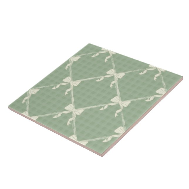 Azulejo De Cerâmica Coquette Bows Gingham Pattern Cream Sage Green  (Lateral)