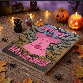 Azulejo De Cerâmica Coquette Rosa Fantasma Feliz Halloween Arte Digita