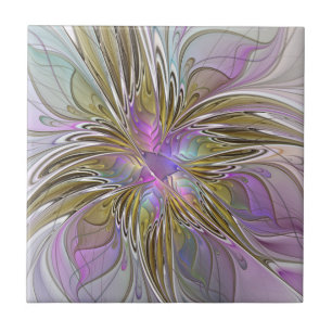 Azulejo De Cerâmica Cor Abstrata Floral Colorida Com Rosa & Dourado