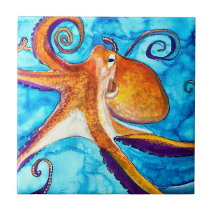 Azulejo De Cerâmica Cor da água do polvo sob a arte do mar