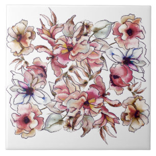 Azulejo De Cerâmica Cor da Água Floral Azul, Rosa e Rosa