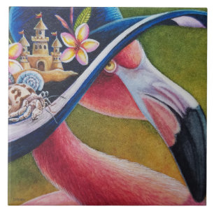 Azulejo De Cerâmica Cor d'água rosa Flamingo Sun Hat Hermit Crab Water
