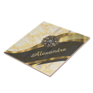 Azulejo De Cerâmica Cor damasco amarela bonito personalizada