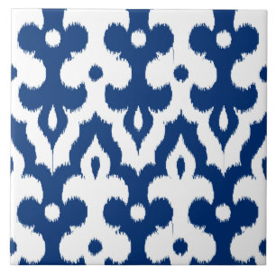 Azulejo De Cerâmica Cor damasco, azuis cobaltos & branco de Ikat do