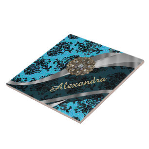 Azulejo De Cerâmica Cor damasco azul bonito personalizada