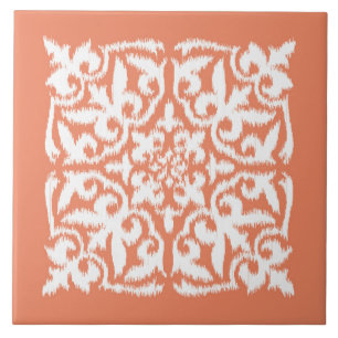 Azulejo De Cerâmica Cor damasco de Ikat - laranja e branco de coral
