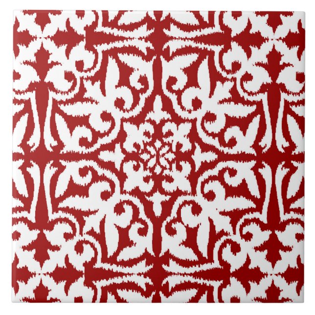 Azulejo De Cerâmica Cor damasco de Ikat - obscuridade - vermelho e (Frente)