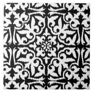 Azulejo De Cerâmica Cor damasco de Ikat - preto e branco