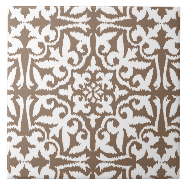 Azulejo De Cerâmica Cor damasco de Ikat - Taupe Tan e branco (Frente)