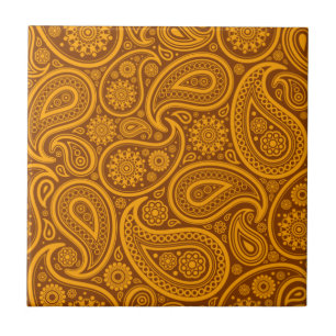 Azulejo De Cerâmica Cor damasco de Paisley Castanho e Laranja