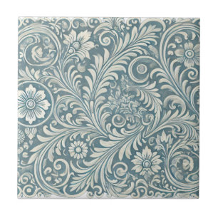 Azulejo De Cerâmica Cor damasco de rolagem em azul suave e marfim