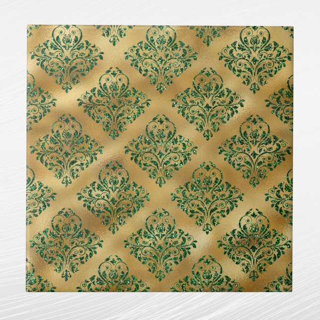 Azulejo De Cerâmica Cor damasco Dourada Glam Green (Criador carregado)