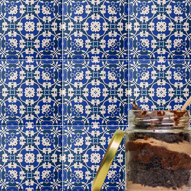 Azulejo De Cerâmica Cor damasco Elegante Clássica Azul e Branco (Criador carregado)