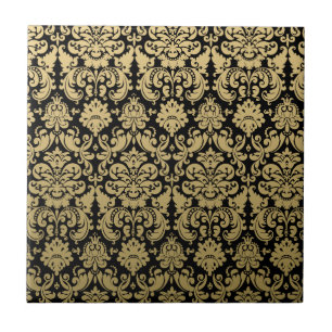 Azulejo De Cerâmica Cor damasco elegante Dourado e preta