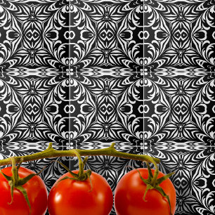 Azulejo De Cerâmica Cor damasco Elegante preto e branco