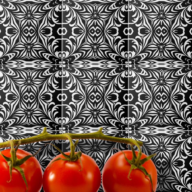 Azulejo De Cerâmica Cor damasco Elegante preto e branco (Criador carregado)