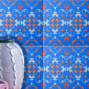 Azulejo De Cerâmica Cor damasco Étnica de Boho Azul-Laranja Marinho 