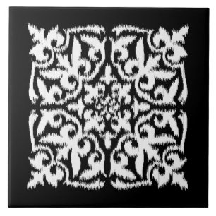 Azulejo De Cerâmica Cor damasco Ikat - branco e preto