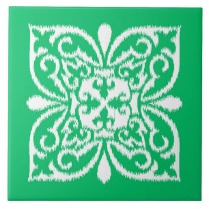Azulejo De Cerâmica Cor damasco Ikat - verde-jade e branco