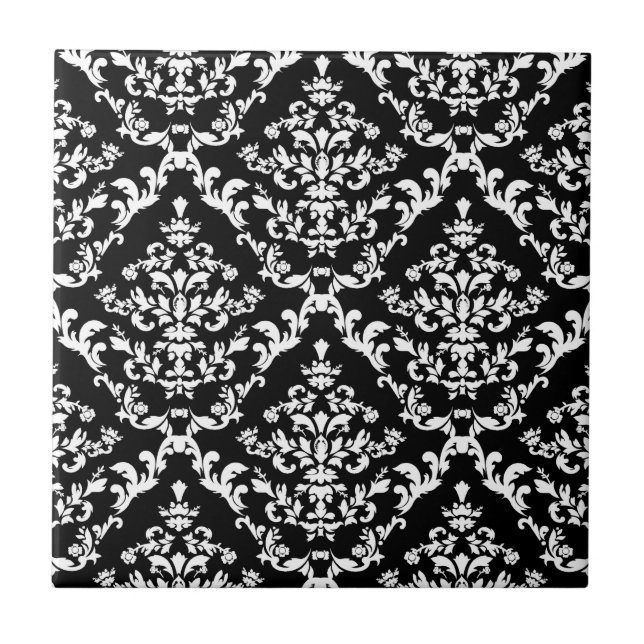 Azulejo De Cerâmica Cor damasco preto e branco (Frente)