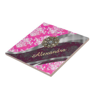 Azulejo De Cerâmica Cor damasco rosa bonito e cor-de-rosa personalizad