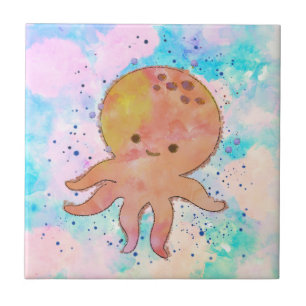 Azulejo De Cerâmica Cor de Água do Cartoon de Octopus