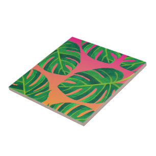 Azulejo de cerâmica cor-de-rosa com folhas tropica