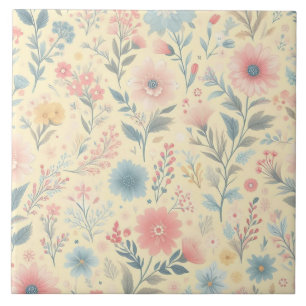 Azulejo De Cerâmica Cor-de-rosa florido Pastel e azul no amarelo-claro