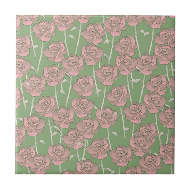 Azulejo De Cerâmica Cor de rosa rosa verde retrô Y2K 70s Padrão de flo (Frente)