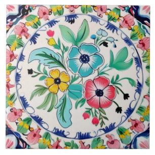 Azulejo De Cerâmica Cor Flores Rosa e Azul Colorido Verão Espanhol