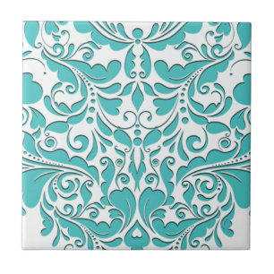 Azulejo De Cerâmica Coração azul e Damasco Branco da Turquesa do Heart