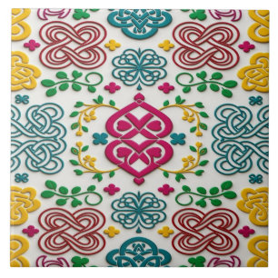 Azulejo De Cerâmica Coração Céltico Vibrante e Sinfonia Floral de Nós