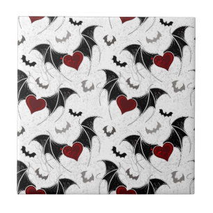Azulejo De Cerâmica Coração de Halloween com asas de morcego preto