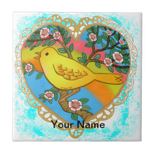 Azulejo De Cerâmica Coração de Pássaro Amarelo