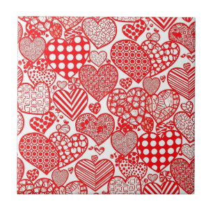 Azulejo De Cerâmica Coração Doodle Polca Romântica Vermelho Branco
