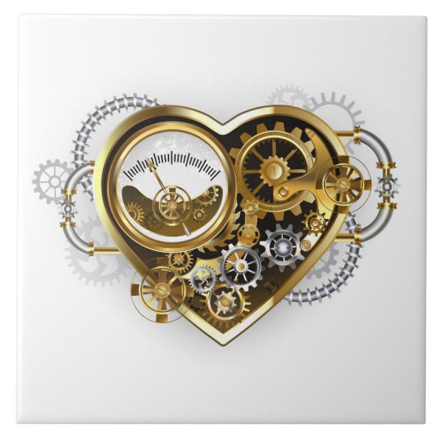 Azulejo De Cerâmica Coração Steampunk com Manômetro (Frente)
