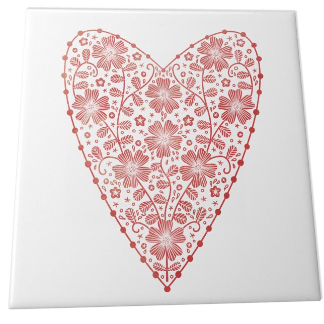 Azulejo De Cerâmica Coração - Vermelho Escandinavo Branco (Red and white Scandinavian floral heart ceramic tile)