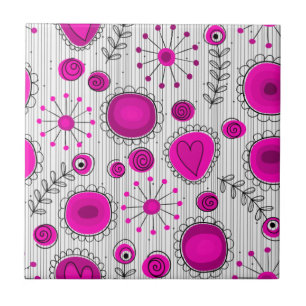 Azulejo De Cerâmica Corações brancos e flores, cor-de-rosa-branca, que