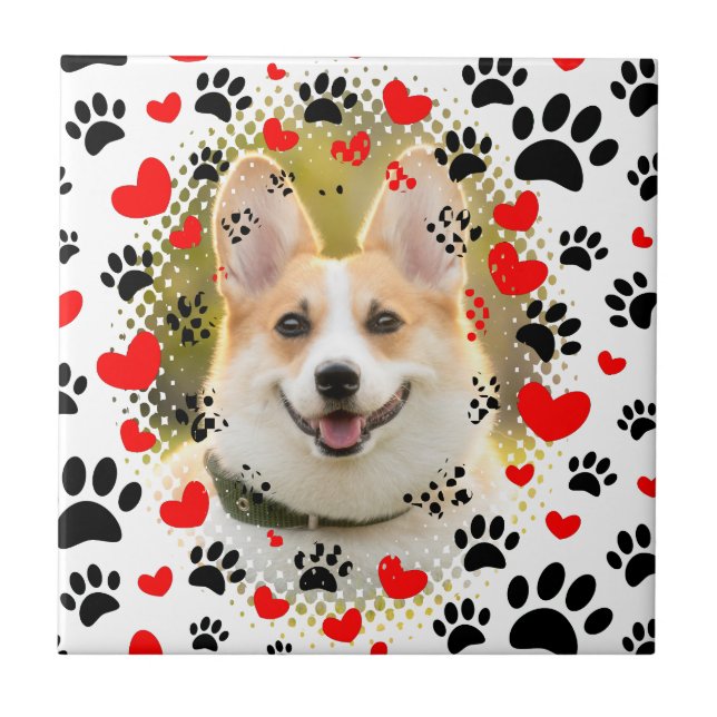 Azulejo De Cerâmica Corações E Pata Imprimem Moldura De Cachorro (Frente)
