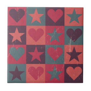 Azulejo De Cerâmica Corações e rosa do teste padrão de estrelas