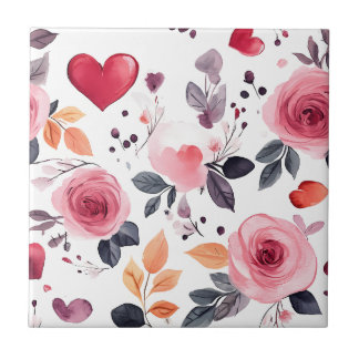 Azulejo De Cerâmica Corações e Rosas rosa