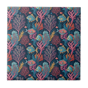 Azulejo De Cerâmica Coral e Peixes Subaquáticos - Padrão Aquático do O