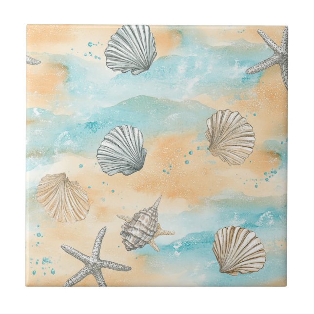 Azulejo De Cerâmica Coral Reef Seashells & Aqua Waves Pattern (5) (Frente)