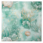 Azulejo De Cerâmica Coral submarino e conchas na Aquarela Teal<br><div class="desc">Traga a beleza tranquila do fundo do oceano para dentro de sua casa com este elegante azulejo cerâmico com ilustração aquática de coral e conchas. Colocados sobre um fundo rico, os delicados elementos marinhos - de conchas de vieiras a corais ramificantes - são pintados em tons suaves e naturais com...</div>
