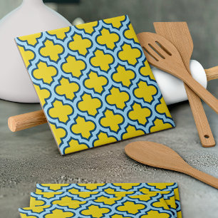 Azulejo De Cerâmica Corante amarelo e azul-bebê, latido, quatrefoil