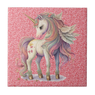 Azulejo De Cerâmica Cores de Arco-Íris Pastel de Unicórnio com Brilho